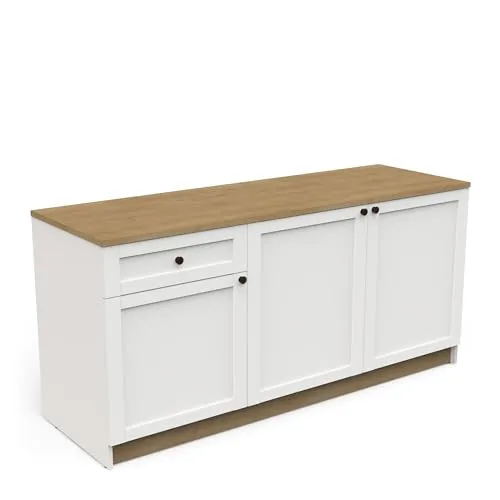 habeig Küchenschrank 180x85x60 cm - Weiß mit Holzplatte - Buffets mit eleganter Zweifarbkombination, ideal für viel Stauraum und optimale Organisation in der Küche. Robust und langlebig, perfekt für den Küchenalltag.