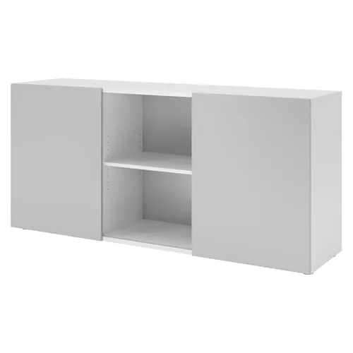 bümö Schwebetürenschrank - Modernes Sideboard in Weiß/Grau - Hochwertiges Sideboard aus melaminharzbeschichtetem Holz, 160 cm breit, ideal für Büro und Flur. Mit 3 Abteilungen und höhenverstellbaren Böden für flexiblen Stauraum.