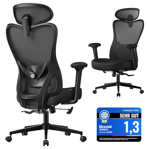Produktbild SONGMICS Bürostuhl ergonomisch, Schreibtischstuhl, Computerstuhl, verstellbare Lenden- und Kopfstütze, bis 150 kg belastbar, höhenverstellbar, tintenschwarz OBN066BH01
