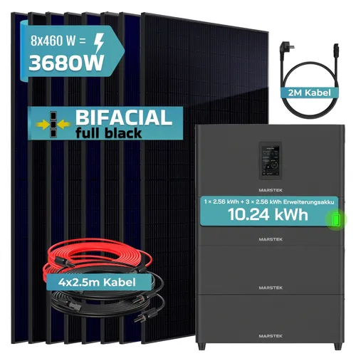 SUNNIVA® 3680W Balkonkraftwerk mit 10,24kWh Speicher und bifazialen Solarmodulen - Kompaktes 3680W Balkonkraftwerk mit Marstek Jupiter C + Plus Solarspeicher, ideal für Balkon oder Terrasse. Bifaziale Solarmodule bieten erhöhte Energieausbeute und flexible Installationsmöglichkeiten.