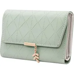 STILVORA Geldbörse mit Karomuster, Damen Geldbeutel dreifach faltbar, Langformat Geldbörse Damen, Geldbörse Frische mit Kette und Anhänger, Grün - Grün