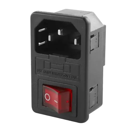 Kaltgeräte-Einbaustecker mit Sicherungshalter und Kontroll-Schalter, Snap-in