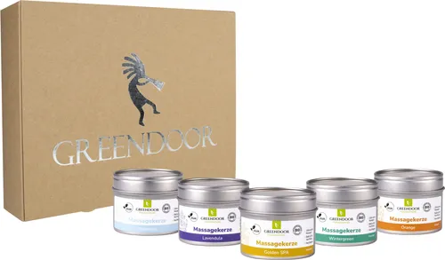 GREENDOOR Geschenk Set XL Massagekerzen - Massagekerze Set mit 5 Sorten im edlen Geschenkkarton, ideal für entspannende Wellness-Momente. Das Wachs schmilzt sanft und ist perfekt für wohltuende Massagen.