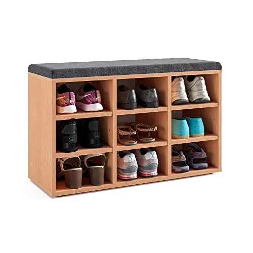 KOMTO Schuhbank mit Sitzfläche - Buche Schuhregal 80 x 50 x 30 cm - Sitzbank mit 9 verstellbaren Schuhregalen und gepolsterter Sitzfläche für bequemes Anziehen der Schuhe, ideal für Flur oder Eingangsbereich.