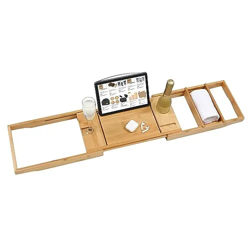 Van Henry Bambus Badewannenablage Badewannenbrett ausziehbar und rutschfest inkl. Getränkehalter, Buchstütze und Ablage 75-105 x 23 cm