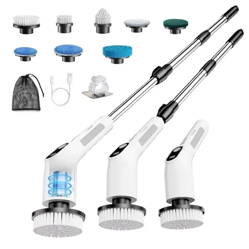 Cusopeh Elektrische Reinigungsbürste mit 8 Wechselbürsten, Elektrische Fugenbürste,Putzbürste Elektrisch mit Verstellbarem Griff, WischmoppSet für Bad/Küche/Fliesen/Auto,IPX6,Kabellos, Weiß