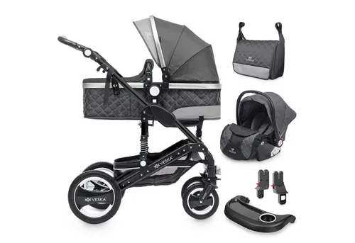 VESKA® 3 in 1 Kombi-Kinderwagen Buggy Reisebuggy - Vielfältiger Kinderwagen in Schwarz-Anthrazit: Kombiniert Kinderwagen, Buggy und Jogger mit einer Auto-Babyschale für maximale Flexibilität und Komfort.
