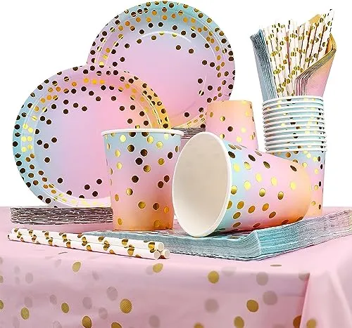 Gowkeey Geburtstag Party Geschir 126 pcs,Regenbogen Pappteller Set,Regenbogen Partyzubehör Pappteller Set,mit Bunt Pappteller, Pappbecher,Tischdecke, Servietten und Strohhalme für viel Gäste