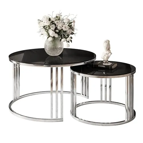 Lookway Couchtisch LORI 2in1 GLASS – Runder Couchtisch im 2er Set mit Chromgestell