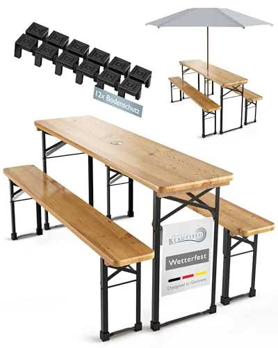 Beautissu 3tlg Bierzeltgarnitur klappbar 170x46 cm Holz - Biertischgarnitur mit Schirmloch Bierbank Bierzeltgarnitur klein - Bierbankgarnitur Biergartengarnitur Festzeltgarnitur Campingtisch Outdoor