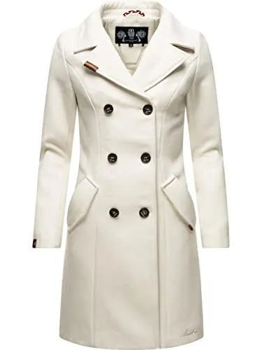 MARIKOO Damen Wollmantel Langer Trenchcoat Nanakoo Offwhite XXL - Funktionsjacken: Eleganter, taillierter Damen Trenchcoat aus weichem Woll-Optik Material, ideal für stilvolle Looks in Herbst und Winter.