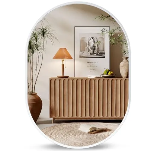 Dripex Ovaler Wandspiegel 50 * 70cm mit Aluminiumrahmen,dekorativer HD Wandspiegel Schminkspiegel für Badzimmer/Ankleidezimmer/Wohnzimmer,unbrechbarer Spiegel (Weiß)