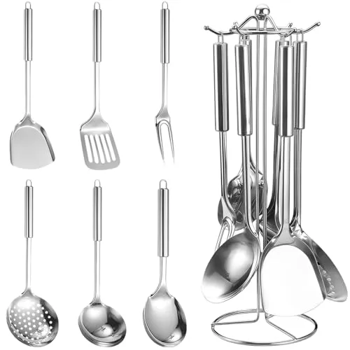 Kezidhp küchenhelfer set edelstahl, 7er küchenutensilien mit 1 Ständer, Heavy Duty küchen utensilien set mit fleischgabel、suppenkelle、pfannenwender、 geschlitztem Tuner、Pasta Server、Reisschaufel