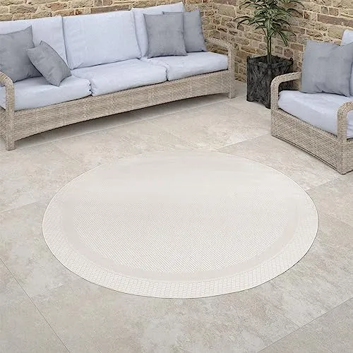 Paco Home Outdoor Teppich rund wetterfest & pflegeleicht Flachgewebe in Sisal-Optik mit Bordüre UV-beständig Modern für Balkon, Terrasse, Garten, Wohnzimmer, Grösse:120 cm Rund, Farbe:Weiß