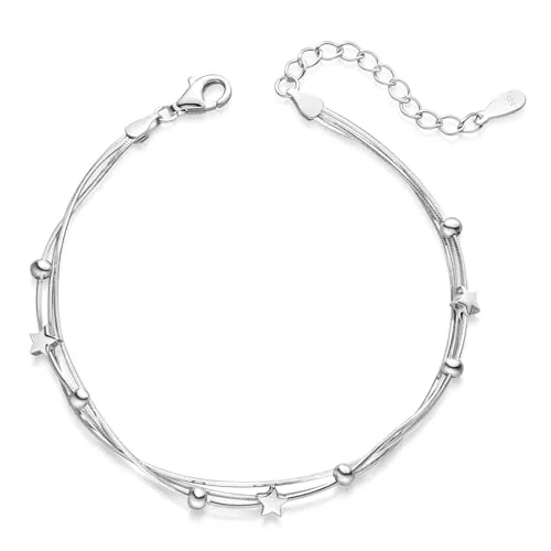 Materia Damen Armband Sterne Kugeln - 925 Sterling Silber, verstellbar - Elegante 3-reihige Armkette aus rhodiniertem 925 Sterling Silber, ideal für jedes Handgelenk dank Verlängerungskette. Ein perfektes Geschenk für Frauen und Mädchen, die den Sternen näher sein möchten.