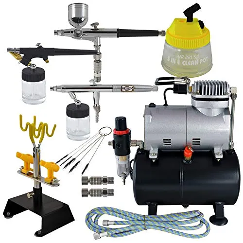 AIRBRUSH-SET UNIVERSAL II=DAS KOMPLETT-SET mit Airbrush Kompressor, hochwertigen PISTOLEN, HALTER, Kompressor-3L TANK, SCHNELLKUPPLUNGEN CLEANING POT, Schlauch und Reinigungsbürsten