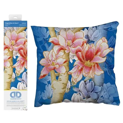 Diamond Dotz DD16-013 Kissen Magnolis on blue 1, ca. 45 x 45 cm groß, Kissenbezug mit Diamantbild zum Selbstgestalten, Malen mit Diamanten, ideal als Homedeco und Geschenk