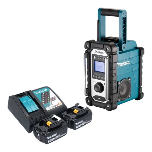 Makita DMR 116 Baustellenradio mit 2x Akku - Robustes Baustellenradio für den kabellosen Betrieb, inkl. 2 leistungsstarker Lithium-Ionen-Akkus und Lader. Ideal für Baustellen und Outdoor-Einsätze.