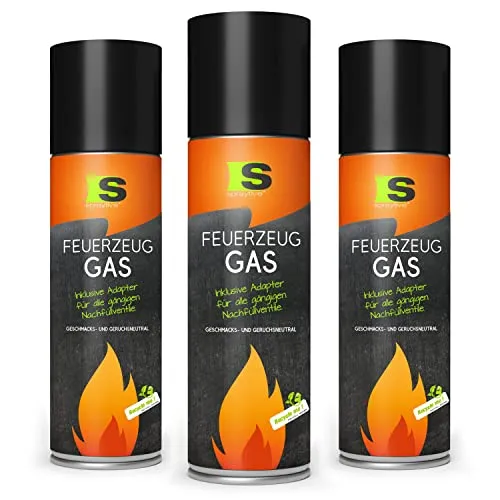 Spraytive 3 x 500ml XXL Butangas für Flambierbrenner & Feuerzeuge - Feuerzeuggas inkl. Adapter zum Nachfüllen - Kompatibel zu Clipper-Feuerzeug, Jet-Flamme, Küchenbrenner u.vm.