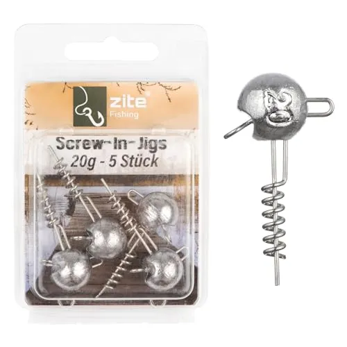 Zite Fishing Screw-In-Jigs 5-20g 5er-Pack | Screw-Jigköpfe Blei langlebig Raubfisch-Angeln | Schraubspirale Gummifisch-System | Korkenzieher Screw Jigheads Hecht, Zander, Barsch Angeln (20 g)