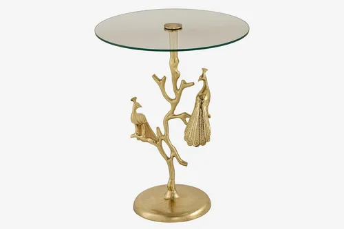 Beistelltisch rund 45 cm H: 58 cm Reiher Handarbeit aus Hartglas Metall in Gold