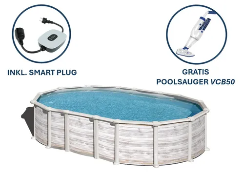 Gre Island Oval Pool 610 x 375 x 132 cm - Swimmingpool mit Nordicoptik und unterirdischer Stützkonstruktion, inklusive GRATIS Akku Sauger und Smart Plug für einfache App-Steuerung der Filteranlage.