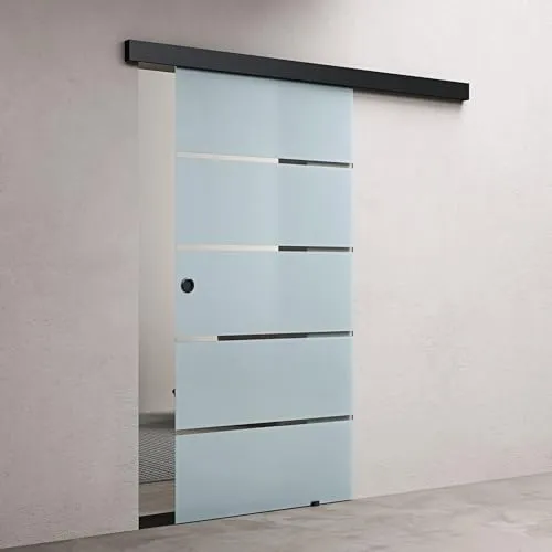 doporro Glasschiebetür Softclose 90 x 205 cm mit 5-Milchglas-Streifen - Elegante Glasschiebetür mit 8mm ESG-Sicherheitsglas für einen modernen Look. Ideal für schmale Räume und lichtdurchflutete Gestaltung. Einfache Montage dank umfangreichem Zubehör.