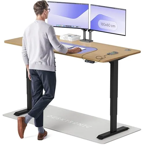 Desktronic Höhenverstellbarer Schreibtisch aus massivem Eichenholz (180x80cm) – Elektrisch höhenverstellbar mit flüsterleisem Dual-Motor & Touchscreen – Hohe Tragfähigkeit – Stehtisch HomePro