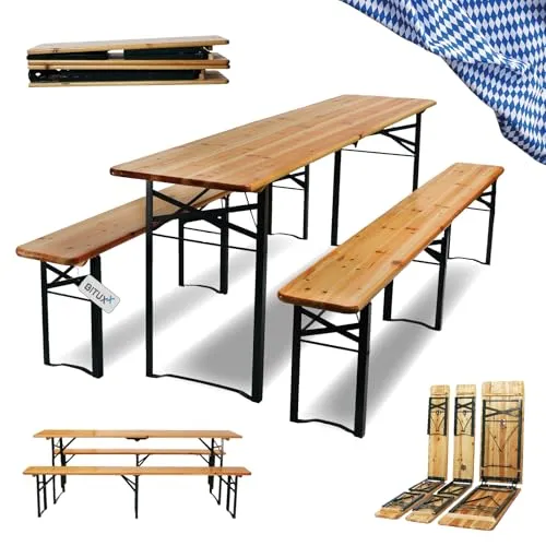 Bituxx® Biergartengarnitur inkl. 2x Bank 216cm - Loungemöbel & Sitzgruppen, faltbares Set für bis zu 10 Personen, perfekt für Gartenpartys und Veranstaltungen, aus robustem Holz und Stahl.