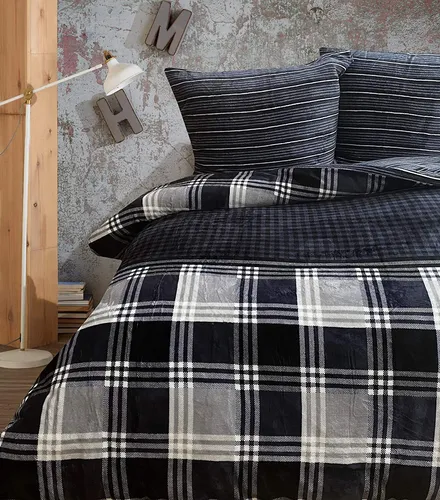 Teddy Plüsch Bettwäsche 155x220 cm Winter Cashmere Touch Flauschig schwarz grau kariert 2 teilig