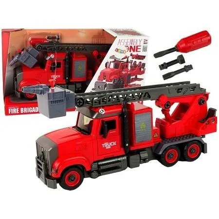 Feuerwehrauto zum Abschrauben von Zubehör Rot - Faszinierendes Feuerwehrmodell für Kinder, das Kreativität und Fantasie fördert. Mit beweglicher Leiter, Reibungsantrieb und realistischen Geräuschen für ein authentisches Spielerlebnis. Perfekt für kleine Helden!