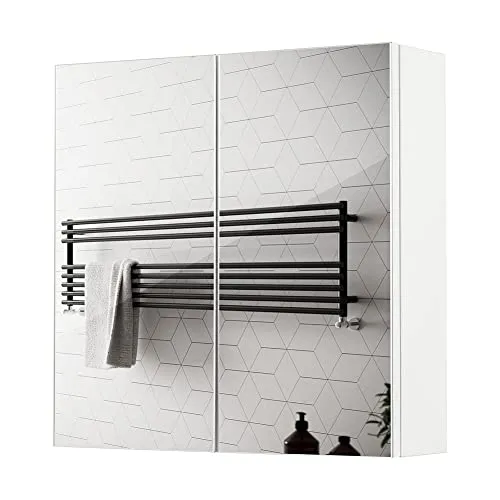 Meerveil Spiegelschrank, Badezimmerspiegel mit 2 Türen 2 Einlegeböden Holz Moderner Stil, 45 x 13 x 45 cm Weiß, FYMC14WT-G2N, Weiß - Rechter