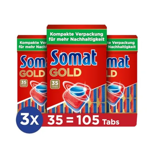 Somat Gold Spülmaschinen Tabs (105 Tabs) - Extra-Kraft gegen Eingebranntes - Geschirrspülmittel – Kraftvolle Reinigung ohne Einweichen, ideal für Eco-Programme und niedrige Temperaturen, entfernt hartnäckige Verschmutzungen und sorgt für strahlend sauberes Geschirr.