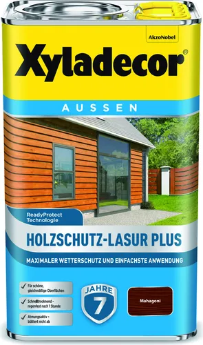 Xyladecor Holzlasur Holzschutz-Lasur Plus 2,5l - Wetterfest in Mahagoni - Farben & Lacke - Besonders langlebige Holzlasur mit Langzeitschutz bis zu 7 Jahren. Ideal für Außenanwendungen, schnelltrocknend und UV-beständig. Schützt Ihr Holz effektiv vor Wasser und Witterung.