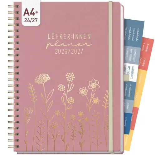Häfft Lehrer-Planer Deluxe 2026/2027 – A4+ Fine Flowers rosé - Taschenkalender im stilvollen Design, ideal organisiert für das Schuljahr 2026/2027. Mit praktischer Spiralbindung und wöchentlicher Übersicht auf 2 Seiten.
