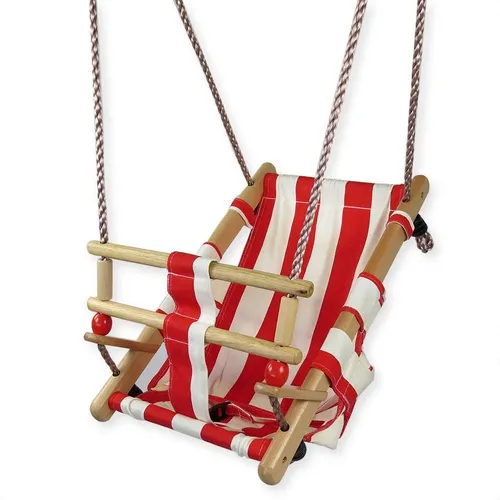 Babyschaukel aus Holz und Stoff rot weiß Kinderschaukel zum Aufhängen im Garten