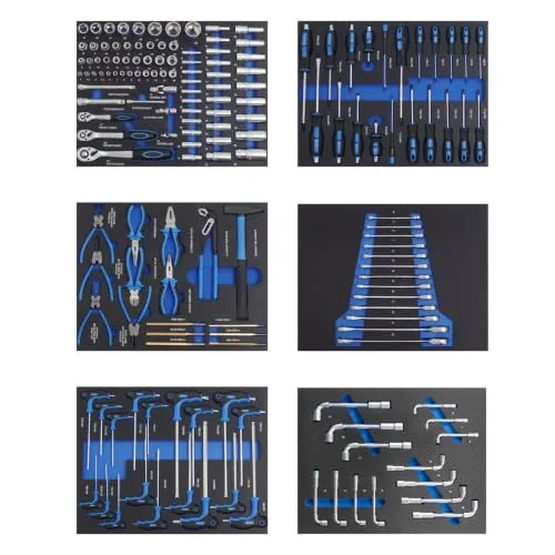 TRUTZHOLM Profi Werkzeugeinlagen 520x400mm Werkzeugset 162 tlg. Blau | für Werkstattwagen, Chrom Vanadium Stahl, Steckschlüsselsatz, Schraubendreher, Ring-Gabel-RatschenschlüsselDurchschläger