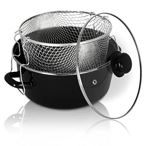 Krüger Emaille-Pommes-Frites-Topf mit Chromrand, Siebeinsatz und Aufliege-Glasdeckel