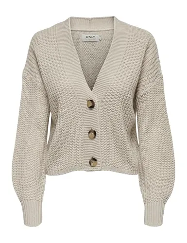 ONLY Damen Pullover 15211521 Pumice Stone L - Strickjacken für Damen mit V-Ausschnitt und tief angesetzten Schultern für einen lässigen, modernen Look.