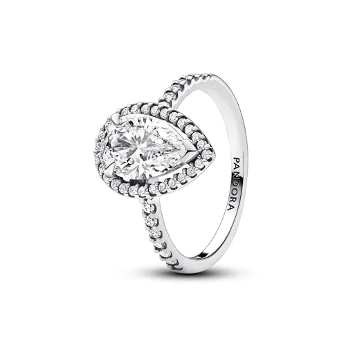 PANDORA Timeless Funkelnder Birnen-Kranz Ring aus Sterling Silber - Eleganter Damenring aus Sterling Silber, verziert mit einem funkelnden birnenförmigen Cubic Zirkoniastein und zartem Pavé für ein glamouröses Statement.