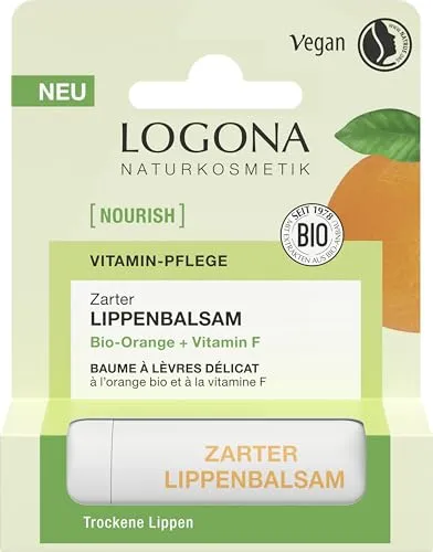LOGONA Naturkosmetik NOURISH Zarter Lippenbalsam Bio-Orange - 4,6 g - schützt & pflegt – mit Vitamin F - vegan & natürliche Inhaltsstoffe - für trockene Lippen