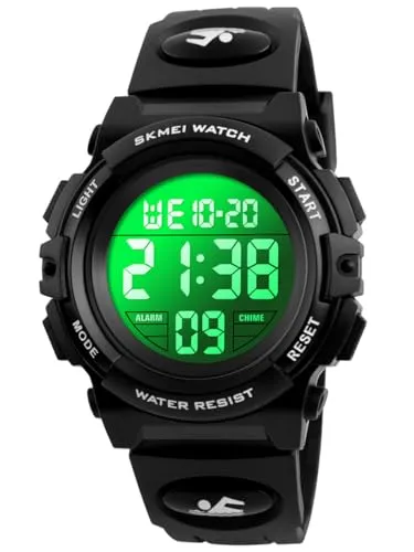 Alienwork Seven-color LED Digital Kinderuhr - Sportliche Kinderuhr mit robustem Resin-Gehäuse, 7-farbiger LED-Beleuchtung und 5 ATM Wasserbeständigkeit - perfekt für aktive Kinder!