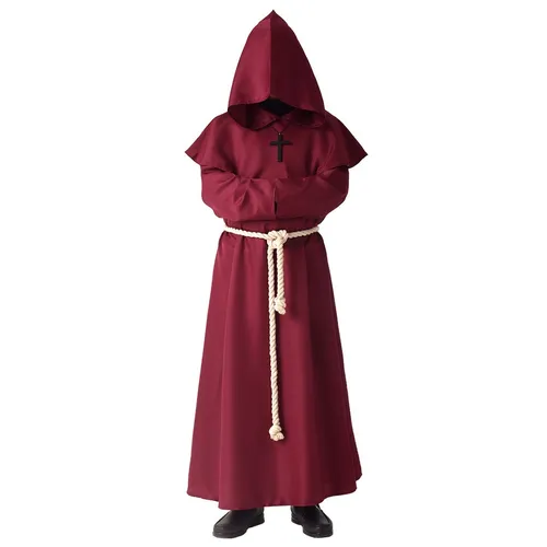 Mönchs Kostüm Retro Herren Kapuze Robe Lange Ärmel Burgund,S