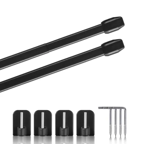 Vitragestangen 2er Pack ausziehbar, 2 Gardinenstangen mit Selbstklebehaken - Befestigung ohne Bohren (Farbe: Schwarz, Größe: 110-150cm)