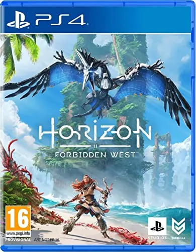 Horizon - Forbidden West für PS4 - Konsolen-Spiel: Begleite Aloy auf ihrer spannenden Reise durch den Verbotenen Westen und kämpfe gegen furchterregende Maschinen in einer post-apokalyptischen Welt.