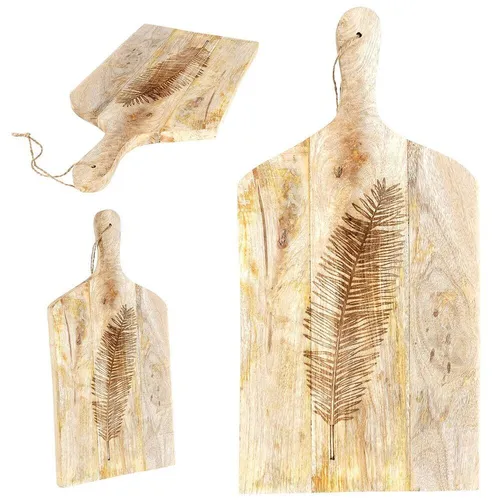 Holzbrett Schneidebrett Servierbrett mit Griff Blattmuster 50,5x24,5x2 cm