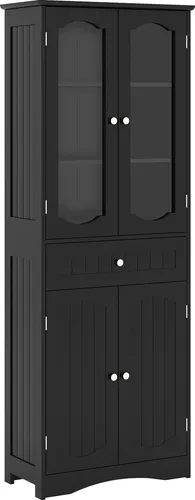 GOPLUS Badezimmerschrank hoch, freistehender Hochschrank mit 4 Türen & Schublade, Badschrank mit verstellbaren Einlegeböden, Schwarz