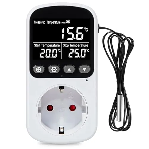 Digital Thermostat Steckdose,Temperaturregler für Steckdose mit Fühler, 230V 16A Digital Temperaturschalter mit LCD Bildschirm, Temperaturwächter für Gewächshaus Reptilien Terrarium Heizung Kühlung