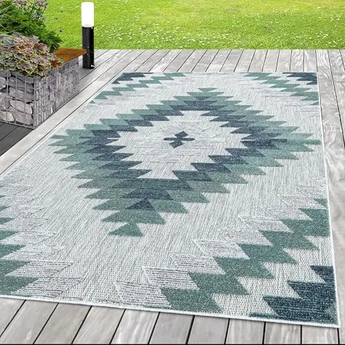 HomebyHome In & Outdoor Wetterfest 140x200 cm Blau, Zickzack Design 3D Effekt - Balkon Teppich Wasserfest, Kurzflor, Flachgewebt - Ideal für Küche, Garten, Camping und Terrasse