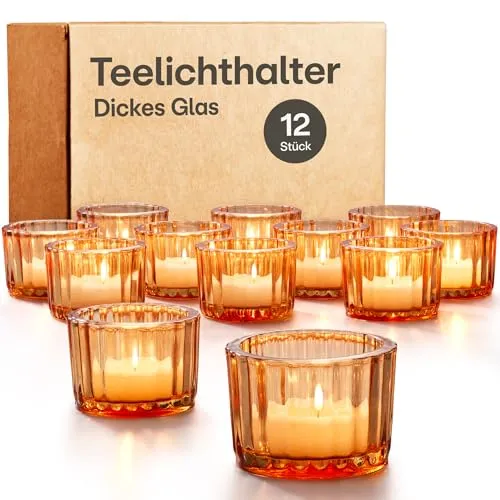 Praknu 12 Teelichthalter Glas Kerzenhalter Gold - Ø 5,5cm Elegante Teelichtgläser als Tischdekoration Hochzeit oder Geburtstagsfeier